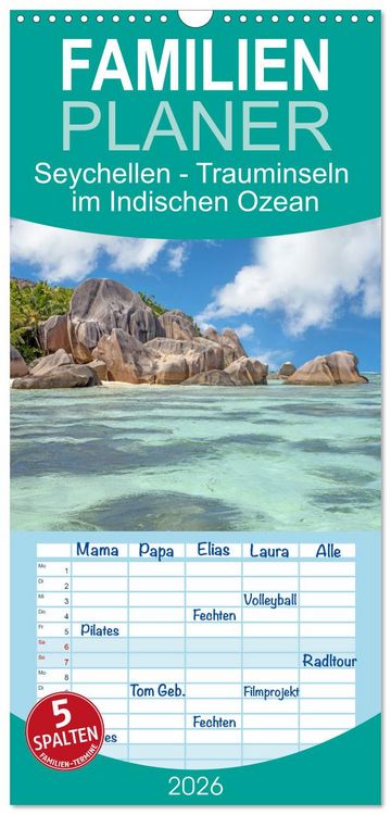 Produktbild: Familienplaner 2026 - Seychellen - Trauminseln im Indischen Ozean mit 5 Spalten (Wandkalender, 21 x 45 cm) CALVENDO