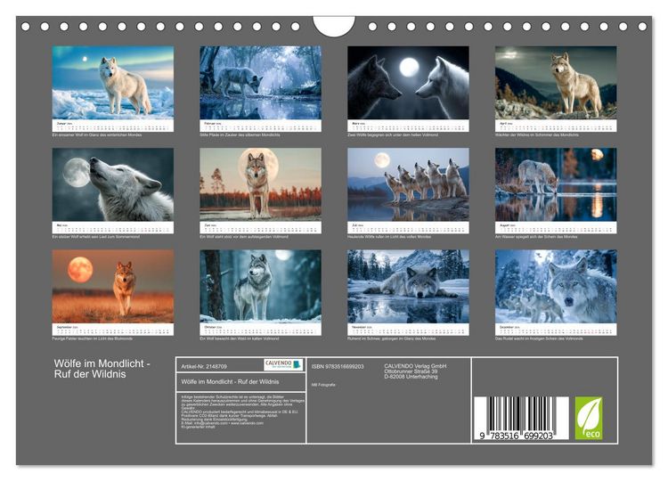 Produktbild: W&ouml;lfe im Mondlicht - Ruf der Wildnis (Wandkalender 2026 DIN A4 quer), CALVENDO Monatskalender
