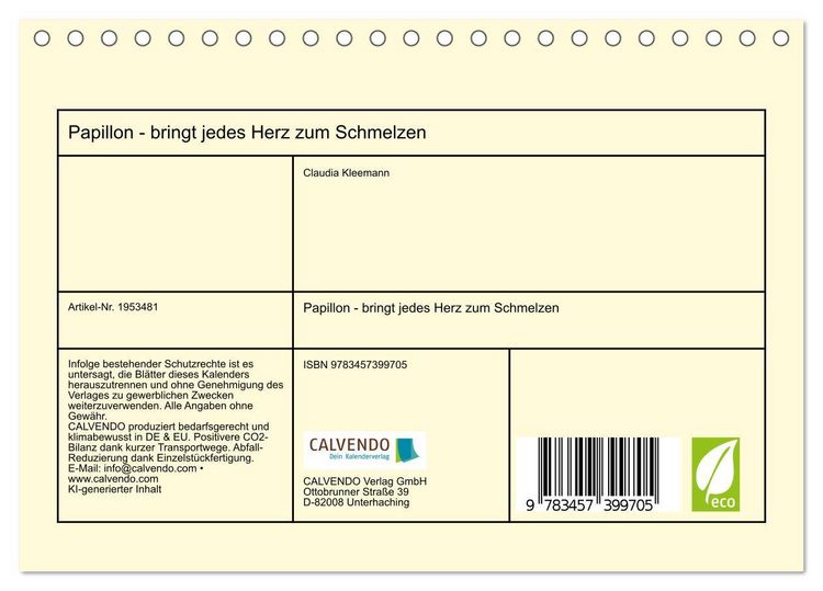 Produktbild: Papillon - bringt jedes Herz zum Schmelzen (Tischkalender 2026 DIN A5 quer), CALVENDO Monatskalender