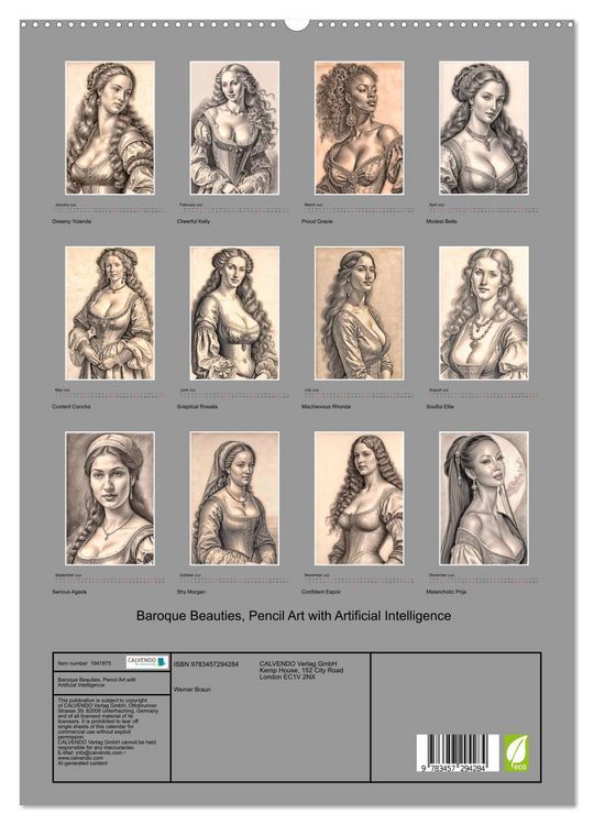 Produktbild: Baroque Beauties, Pencil Art with Artificial Intelligence (High Quality Premium Wall Calendar 2026 DIN A2 portrait),CALVENDO 12 Month Wall Calendar