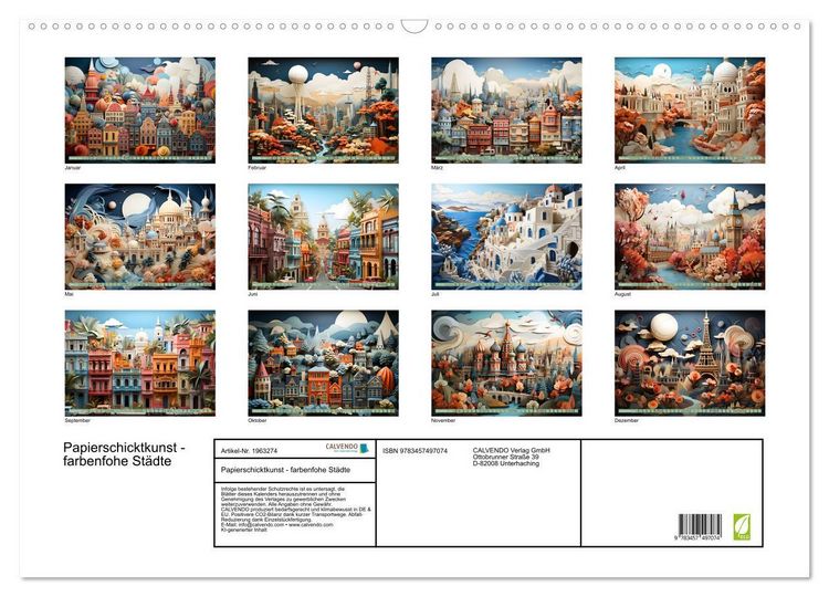 Produktbild: Papierschicktkunst - farbenfohe St&auml;dte (Wandkalender 2026 DIN A2 quer), CALVENDO Monatskalender