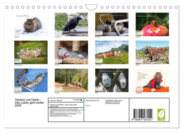 Produktbild: Tierisch und Heiter - Das Leben geht weiter 2026 (Wandkalender 2026 DIN A4 quer), CALVENDO Monatskalender