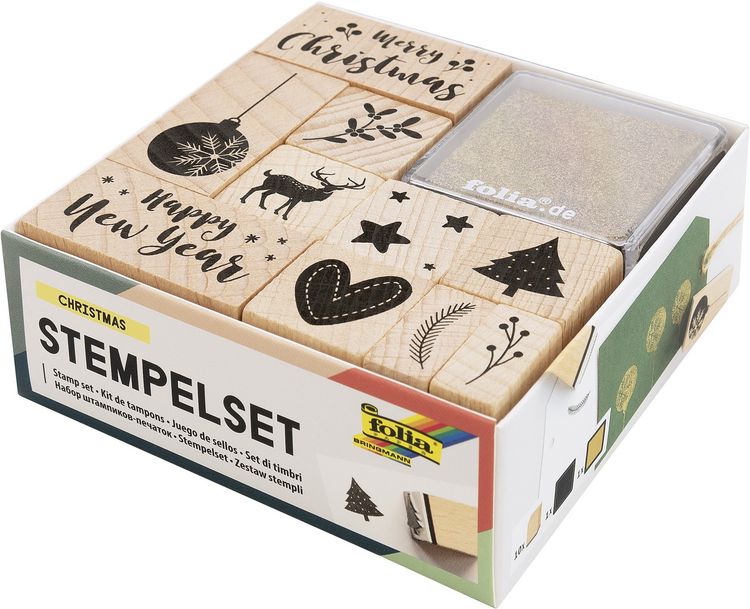 Produktbild: Folia Holzstempel-Set CHRISTMAS, inkl. 10 Holzstempel und 2 Stempelkissen