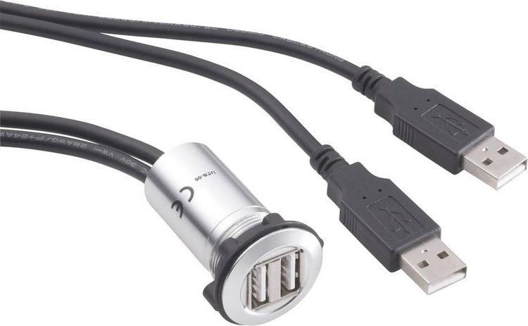 Produktbild: TRU COMPONENTS USB-06 USB-Doppeleinbaubuchse 2.0 Buchse, Einbau 2 x USB-Buchse Typ A auf 2 x USB-Stecker Typ A mit 60 cm Kabel Inhalt: 1 St.