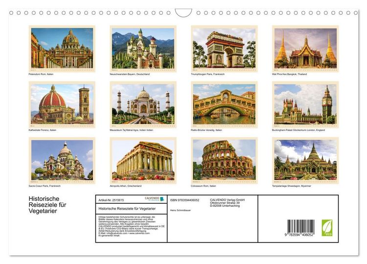 Produktbild: Historische Reiseziele f&uuml;r Vegetarier (Wandkalender 2027 DIN A3 quer), CALVENDO Monatskalender