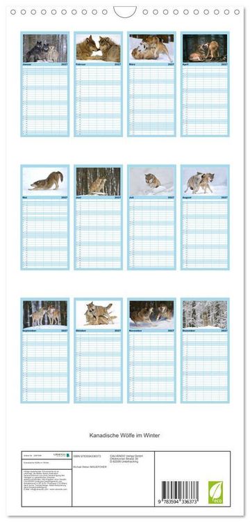 Produktbild: Familienplaner 2027 - Kanadische W&ouml;lfe im Winter mit 5 Spalten (Wandkalender, 21 x 45 cm) CALVENDO