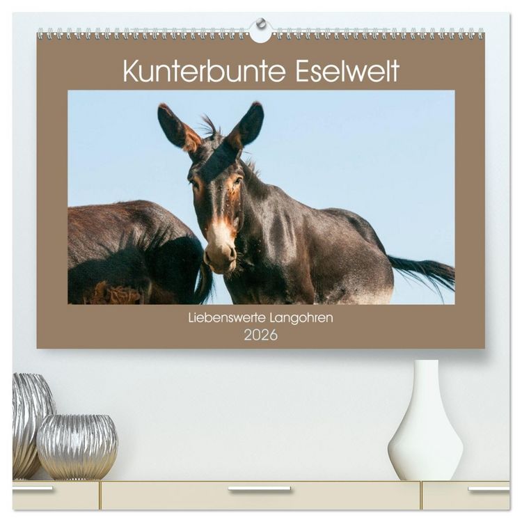 Produktbild: Kunterbunte Eselwelt - Liebenswerte Langohren (hochwertiger Premium Wandkalender 2026 DIN A2 quer), Kunstdruck in Hochglanz