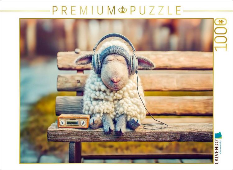 Produktbild: CALVENDO Puzzle Schaf schl&auml;ft mit Kopfh&ouml;rern auf Parkbank | 1000 Teile Lege-Gr&ouml;&szlig;e 64x48cm Foto-Puzzle f&uuml;r gl&uuml;ckliche Stunden