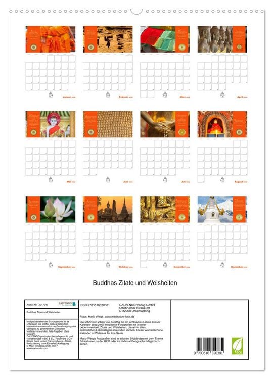 Produktbild: Buddhas Zitate und Weisheiten (hochwertiger Premium Wandkalender 2026 DIN A2 hoch), Kunstdruck in Hochglanz