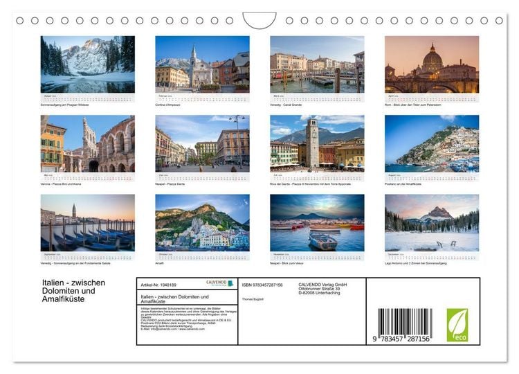 Produktbild: Italien - zwischen Dolomiten und Amalfik&uuml;ste (Wandkalender 2026 DIN A4 quer), CALVENDO Monatskalender
