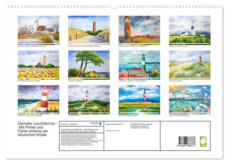 Produktbild: Gemalte Leuchtt&uuml;rme - Mit Pinsel und Farbe entlang der deutschen K&uuml;ste (hochwertiger Premium Wandkalender 2026 DIN A2 quer), Kunstdruck in Hochglanz