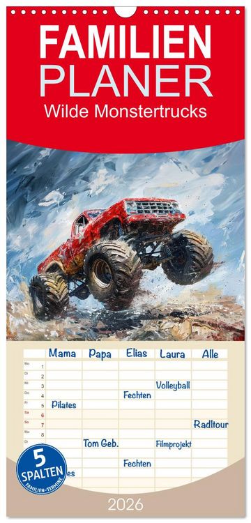 Produktbild: Familienplaner 2026 - Wilde Monstertrucks mit 5 Spalten (Wandkalender, 21 x 45 cm) CALVENDO