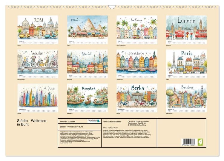 Produktbild: St&auml;dte - Weltreise in Bunt (Wandkalender 2027 DIN A2 quer), CALVENDO Monatskalender