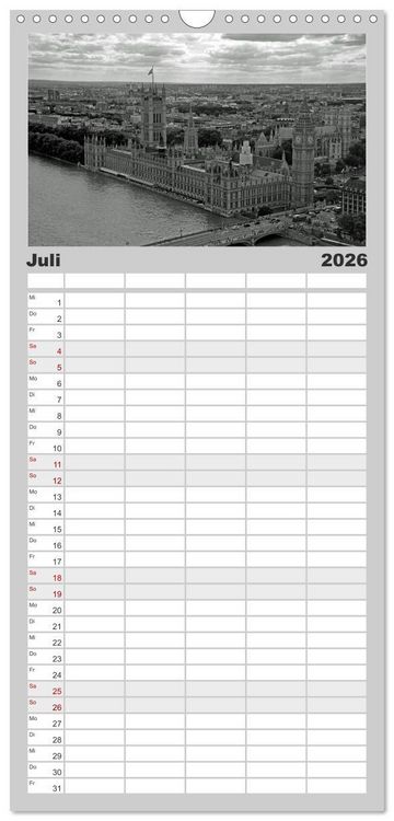 Produktbild: Familienplaner 2026 - London in Schwarz-Wei&szlig; mit 5 Spalten (Wandkalender, 21 x 45 cm) CALVENDO