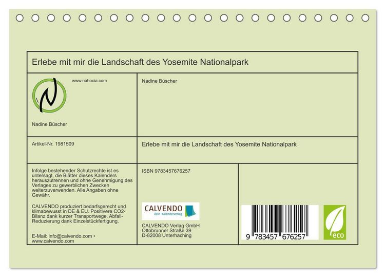 Produktbild: Erlebe mit mir die Landschaft des Yosemite Nationalpark (Tischkalender 2026 DIN A5 quer), CALVENDO Monatskalender