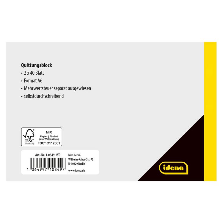 Produktbild: Idena Quittung selbstdurchschreibend MwSt. separat ausgewiesen DIN A6 quer 2x40 Blatt