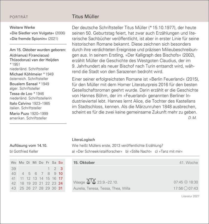 Produktbild: Literatur Tagesabrei&szlig;kalender 2027 - Kulturkalender - Autoren, Werke, H&ouml;rb&uuml;cher