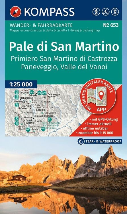 Produktbild: KOMPASS Wanderkarte 653 Pale di San Martino, Primiero San Martino di Castrozza, Paneveggio, Valle del Vanoi 1:25.000