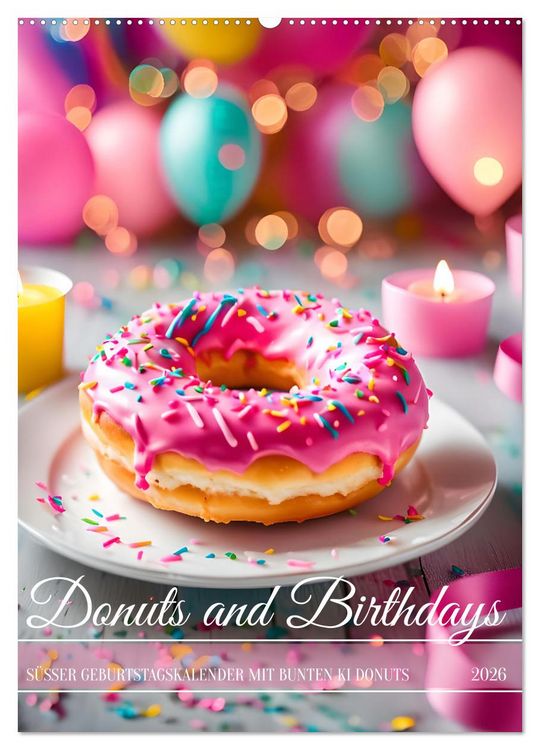 Produktbild: Donuts and Birthdays, s&uuml;&szlig;er Geburtstagskalender mit bunte KI Donuts (Wandkalender 2026 DIN A2 hoch), CALVENDO Monatskalender