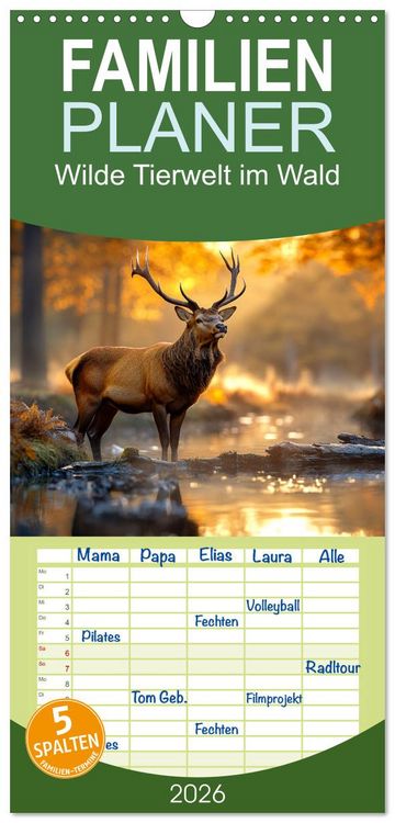 Produktbild: Familienplaner 2026 - Wilde Tierwelt im Wald mit 5 Spalten (Wandkalender, 21 x 45 cm) CALVENDO