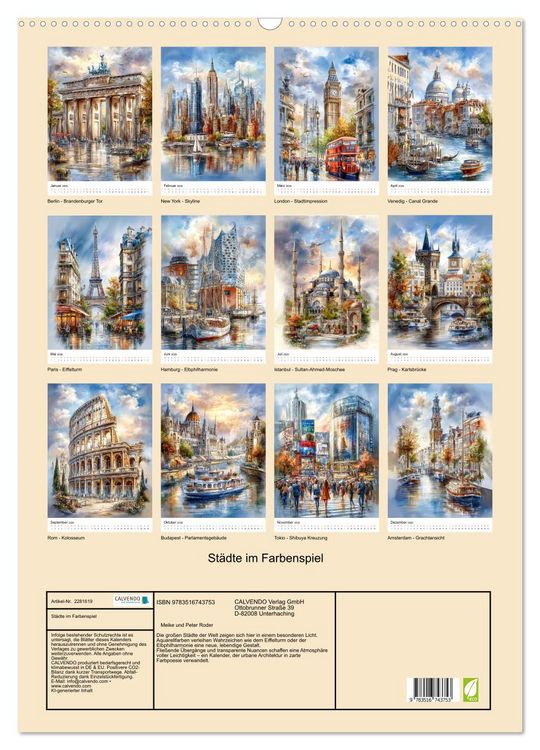 Produktbild: St&auml;dte im Farbenspiel (Wandkalender 2026 DIN A2 hoch), CALVENDO Monatskalender