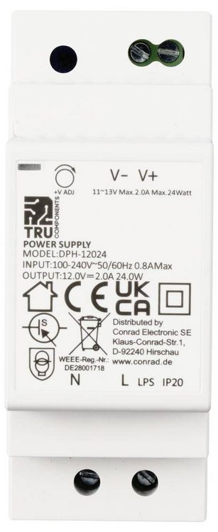 Produktbild: TRU COMPONENTS TC-10580808 Hutschienen-Netzteil (DIN-Rail) 12 V/DC 2 A 24 W Anzahl Ausg&auml;nge:1 x Inhalt 1 St.