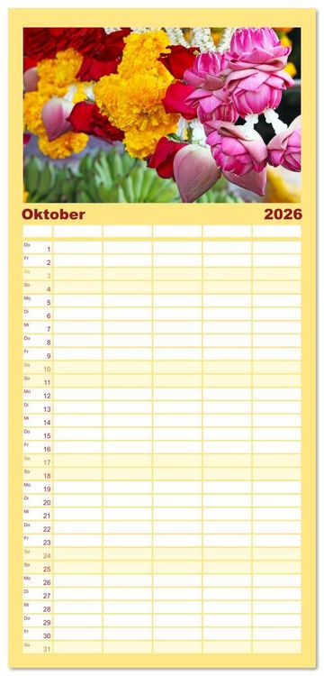 Produktbild: Familienplaner 2026 - Asien - Farbenfrohe Blumenketten mit 5 Spalten (Wandkalender, 21 x 45 cm) CALVENDO