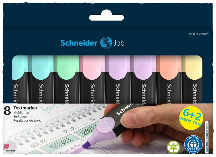 Produktbild: Schneider Textmarker Job Aktion 6+2 Karton-Etui pastell, 8er Set