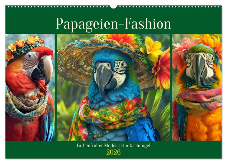 Produktbild: Papageien-Fashion. Farbenfroher Modestil im Dschungel (Wandkalender 2026 DIN A2 quer), CALVENDO Monatskalender