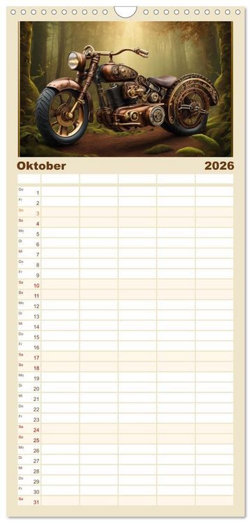 Produktbild: Familienplaner 2026 - Motorr&auml;der im Steampunk-Style mit 5 Spalten (Wandkalender, 21 x 45 cm) CALVENDO