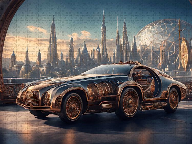 Produktbild: CALVENDO Puzzle Steam-Car vor retrofuturistischer Stadtansicht | 1000 Teile Lege-Gr&ouml;&szlig;e 64x48cm Foto-Puzzle f&uuml;r gl&uuml;ckliche Stunden
