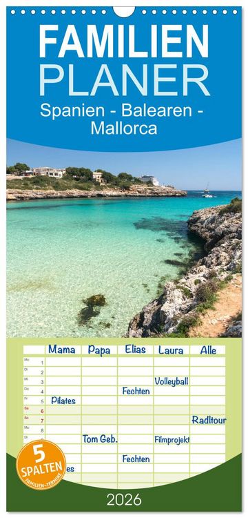 Produktbild: Familienplaner 2026 - Spanien - Balearen - Mallorca mit 5 Spalten (Wandkalender, 21 x 45 cm) CALVENDO
