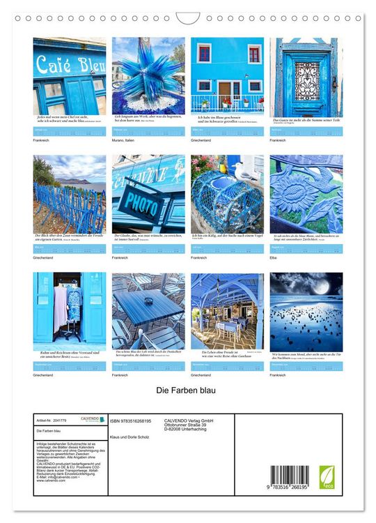 Produktbild: Die Farben blau (Wandkalender 2026 DIN A3 hoch), CALVENDO Monatskalender
