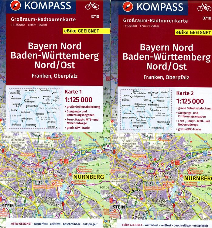 Produktbild: KOMPASS Gro&szlig;raum-Radtourenkarte 3710 Bayern Nord, Baden-W&uuml;rt