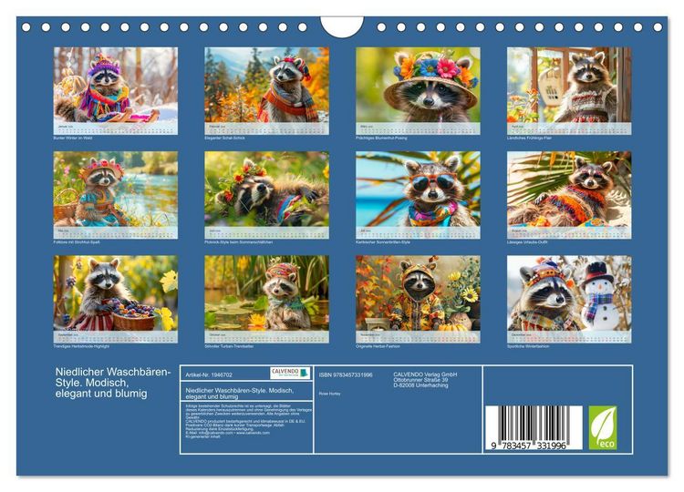 Produktbild: Niedlicher Waschb&auml;ren-Style. Modisch, elegant und blumig (Wandkalender 2026 DIN A4 quer), CALVENDO Monatskalender