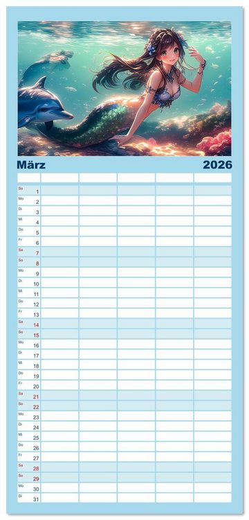 Produktbild: Familienplaner 2026 - Meerjungfrauen - geheimnisvolle Sch&ouml;nheiten des Meeres mit 5 Spalten (Wandkalender, 21 x 45 cm) CALVENDO