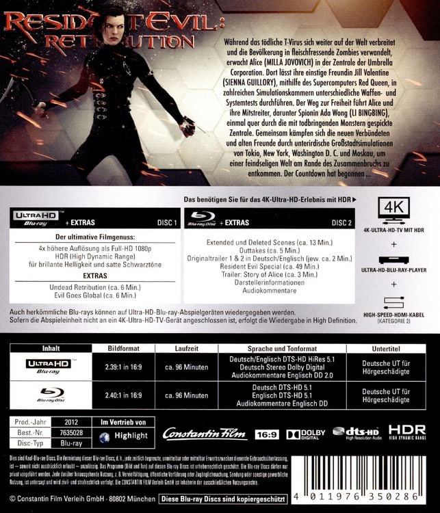 Produktbild: Resident Evil: Retribution (4K Ultra HD) (+ Blu-ray 2D)