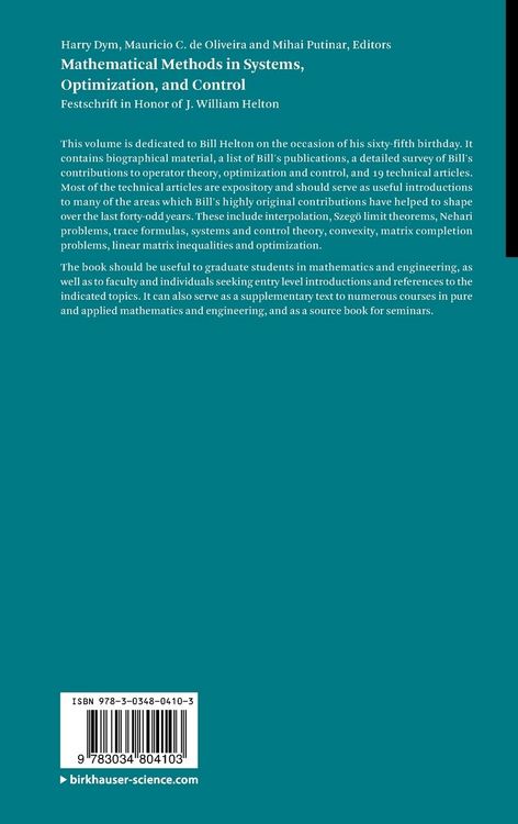 Produktbild: Mathematical Methods in Systems, Optimization, and Control