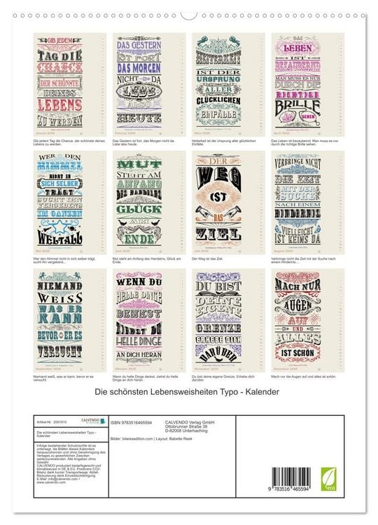 Produktbild: Die sch&ouml;nsten Lebensweisheiten Typo - Kalender (hochwertiger Premium Wandkalender 2026 DIN A2 hoch), Kunstdruck in Hochglanz