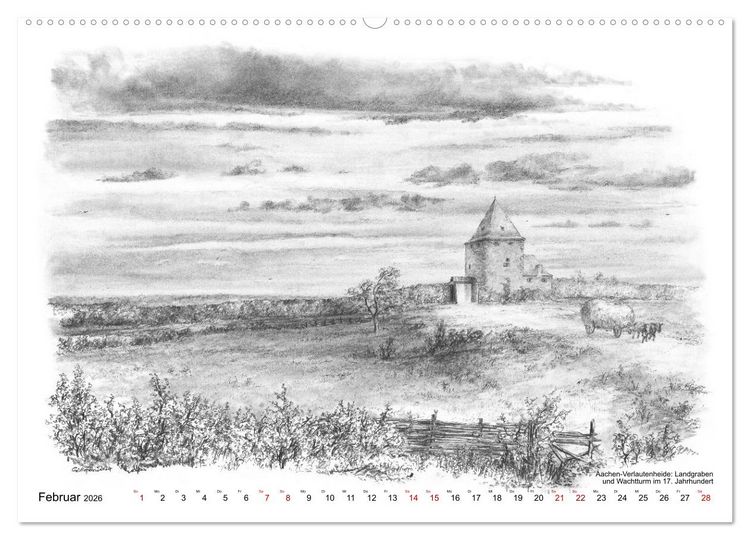 Produktbild: ZeitZeichnen: Burgen und Befestigungen in der Aachener Region (hochwertiger Premium Wandkalender 2026 DIN A2 quer), Kunstdruck in Hochglanz