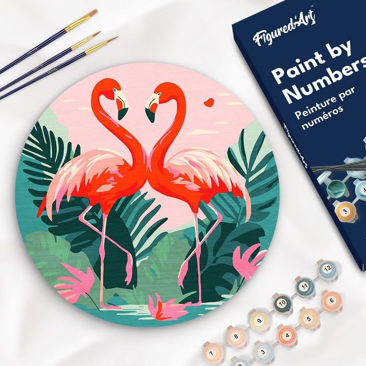 Produktbild: FiguredArt RFA026 - Malen nach Zahlen, Tropische Flamingos, Holzscheibe (30cm), Malset, Paint by Numbers