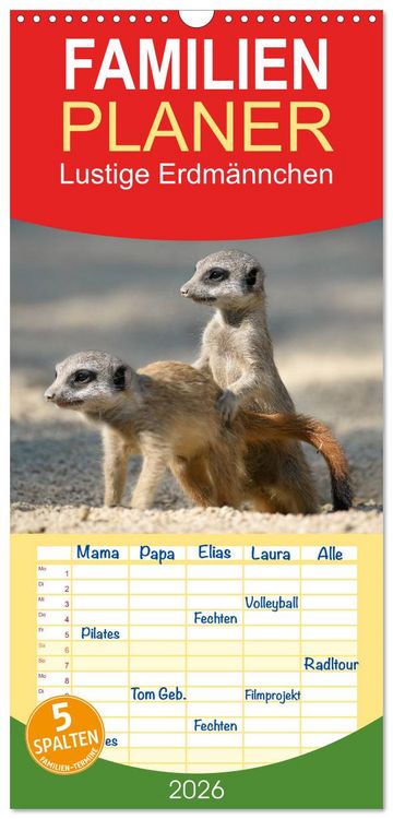 Produktbild: Familienplaner 2026 - Lustige Erdm&auml;nnchen mit 5 Spalten (Wandkalender, 21 x 45 cm) CALVENDO