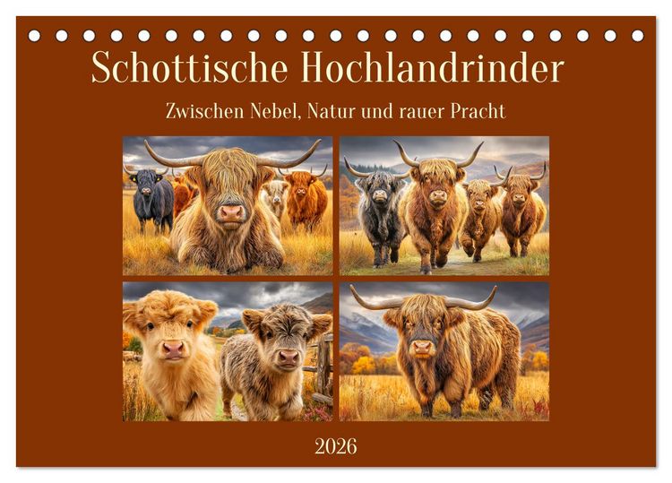 Produktbild: Schottische Hochlandrinder. Zwischen Nebel, Natur und rauer Pracht (Tischkalender 2026 DIN A5 quer), CALVENDO Monatskalender