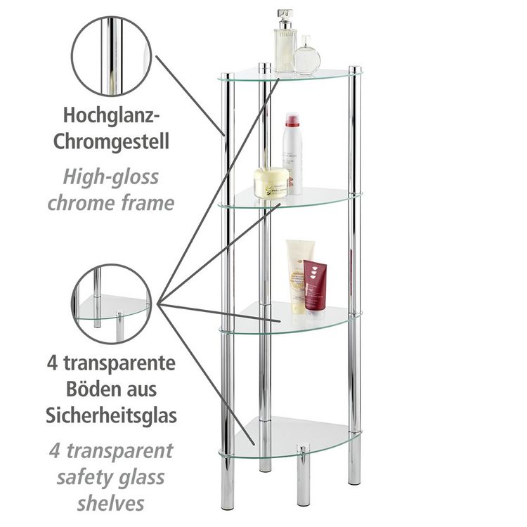 Produktbild: Eckregal Mod. Yago mit 4 Glasablagen, aus Edelstahl und Sicherheitsglas