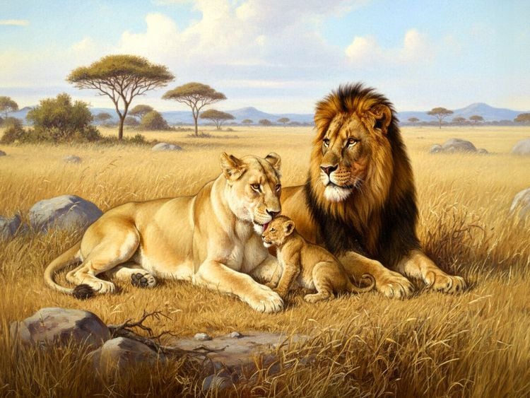 Produktbild: CALVENDO Puzzle L&ouml;wenfamilie als Gem&auml;lde | 1000 Teile Lege-Gr&ouml;&szlig;e 64x48cm Foto-Puzzle f&uuml;r gl&uuml;ckliche Stunden