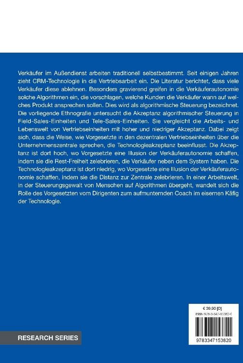 Produktbild: Die Akzeptanz von algorithmischer Steuerung im Vertrieb