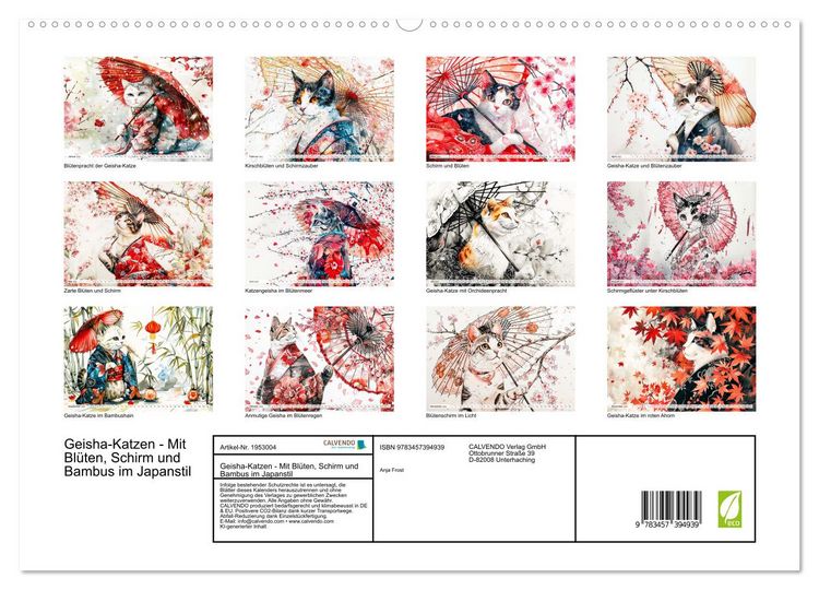 Produktbild: Geisha-Katzen - Mit Bl&uuml;ten, Schirm und Bambus im Japanstil (hochwertiger Premium Wandkalender 2026 DIN A2 quer), Kunstdruck in Hochglanz