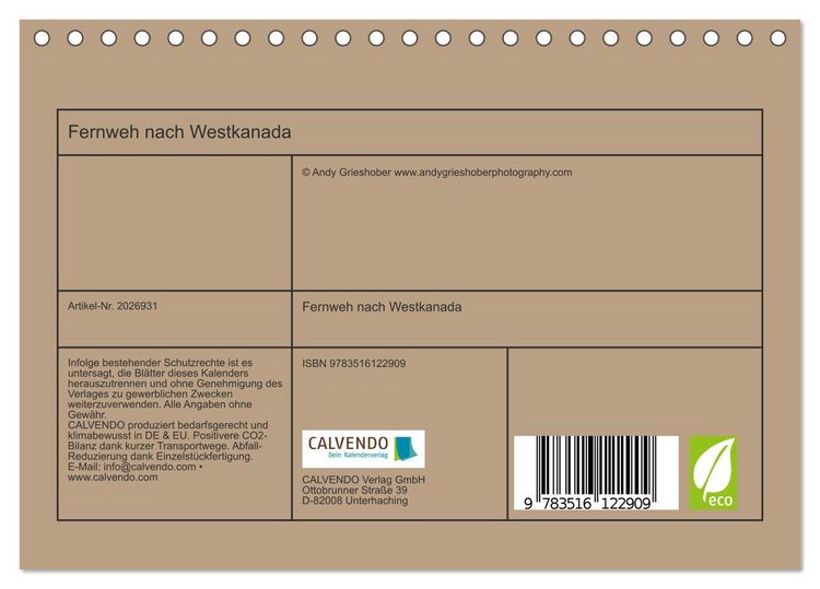 Produktbild: Fernweh nach Westkanada (Tischkalender 2026 DIN A5 quer), CALVENDO Monatskalender