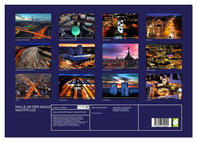Produktbild: HALLE AN DER SAALE NACHTFLUG (hochwertiger Premium Wandkalender 2026 DIN A2 quer), Kunstdruck in Hochglanz