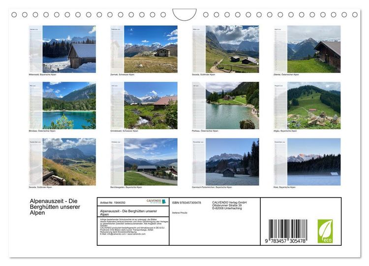 Produktbild: Alpenauszeit - Die Bergh&uuml;tten unserer Alpen (Wandkalender 2026 DIN A4 quer), CALVENDO Monatskalender